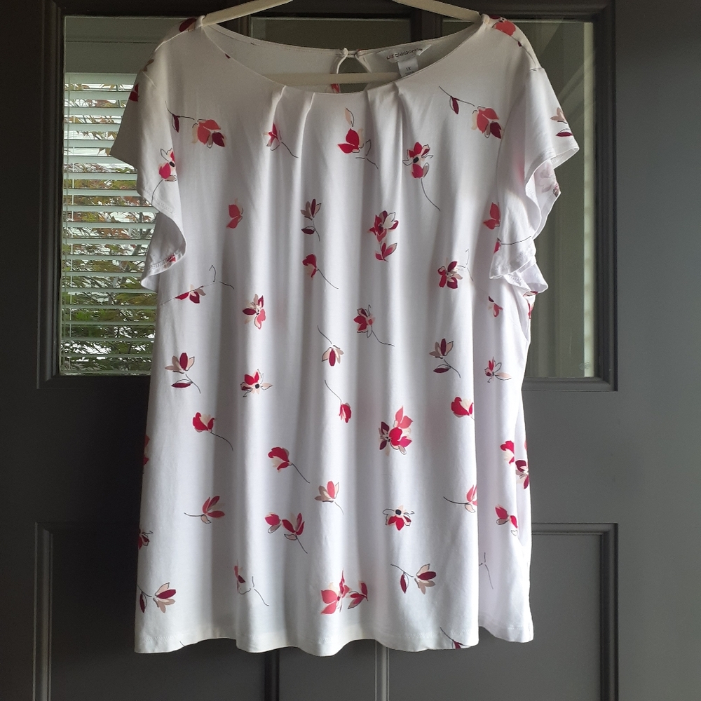 Liz Clairborne Floral White and Pink Pleated Flowy Women's Top Blouse Size 1X